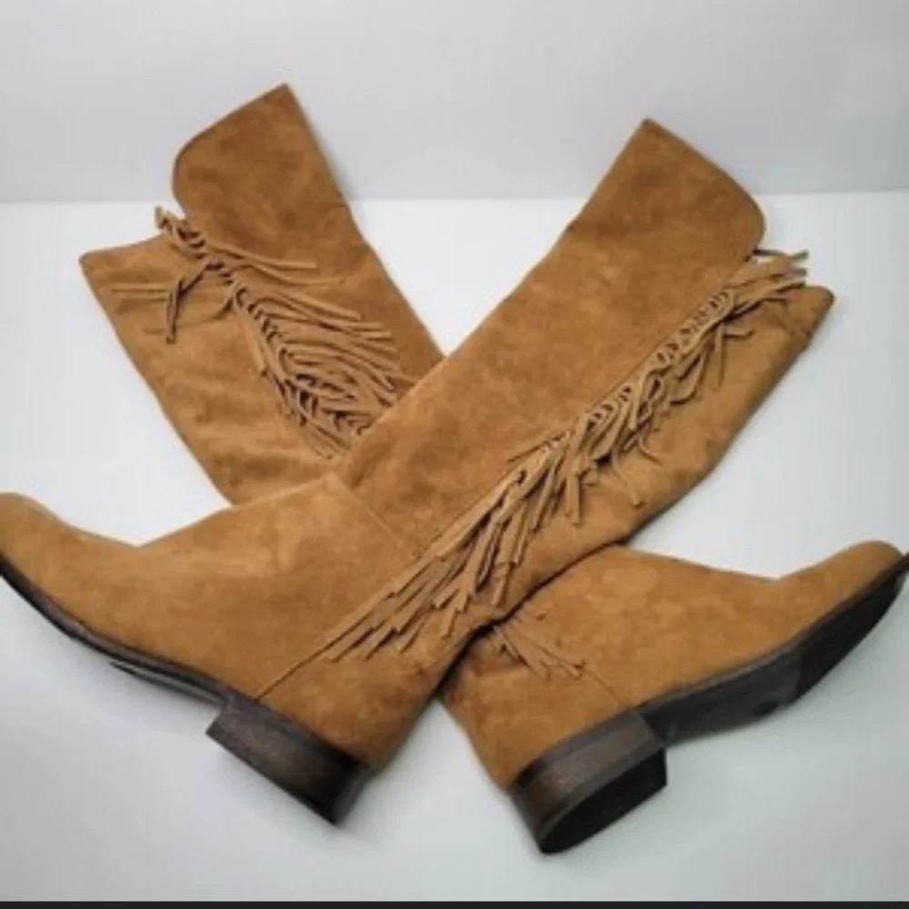 Tan Suede Knee High Fringe Boots mossimo casual classic fall 8 $60 boho